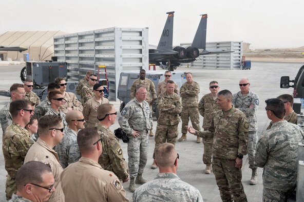 U.S. Army Lt. Gen. Stephen Townsend, Combined Joint Task Force – Operation Inherent Resolve commanding general, speaks with service members deployed to the 332nd Air Expeditionary Wing April 5, 2017, in Southwest Asia. The general visited Airmen and Soldiers thanking them for their contribution to the mission. (U.S. Air Force photo by Tech Sgt. Eboni Reams)