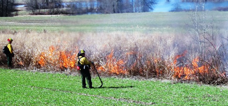 Fifteen Pennsylvania Game Commission Wildland Firefighters from Crawford, Venango and Mercer counties conducted a prescribed and controlled burn on U.S. Army Corps of Engineer land leased to them at Shenango Lake March 29. 