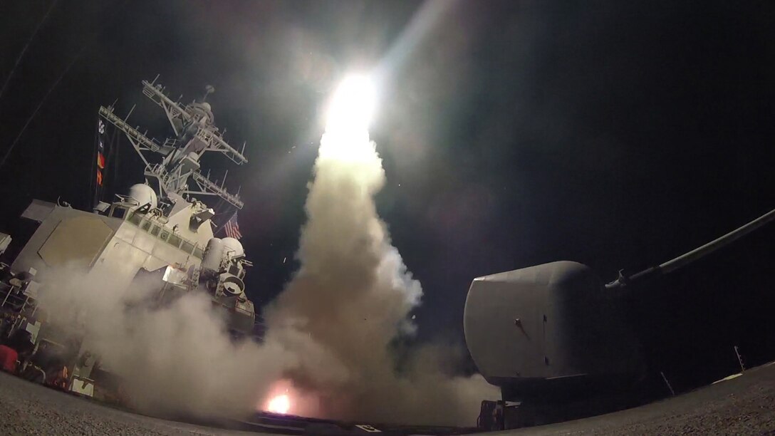 The guided missile destroyer USS Porter conducts strike operations while in the Mediterranean Sea.
