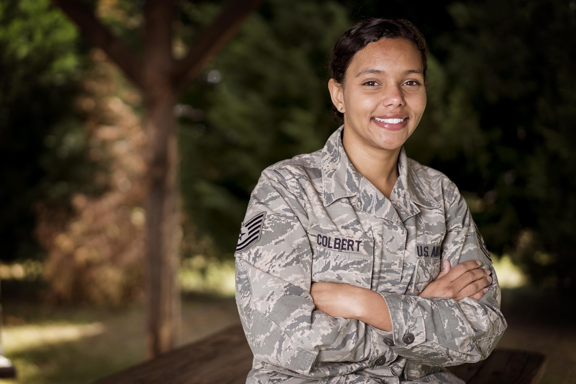 Tech. Sgt. Amanda Colbert, 413th Force Support Flight NCO in charge of customer support, poses for a portrait April 6, 2017, at Robins Air Force Base, Georgia. Colbert is responsible for ensuring the success of the unit’s newcomers program, updating members’ records, processing casualty claims, and the base’s Unit Training Assembly Participation System, among other items. (U.S. Air Force photo by Jamal D. Sutter)