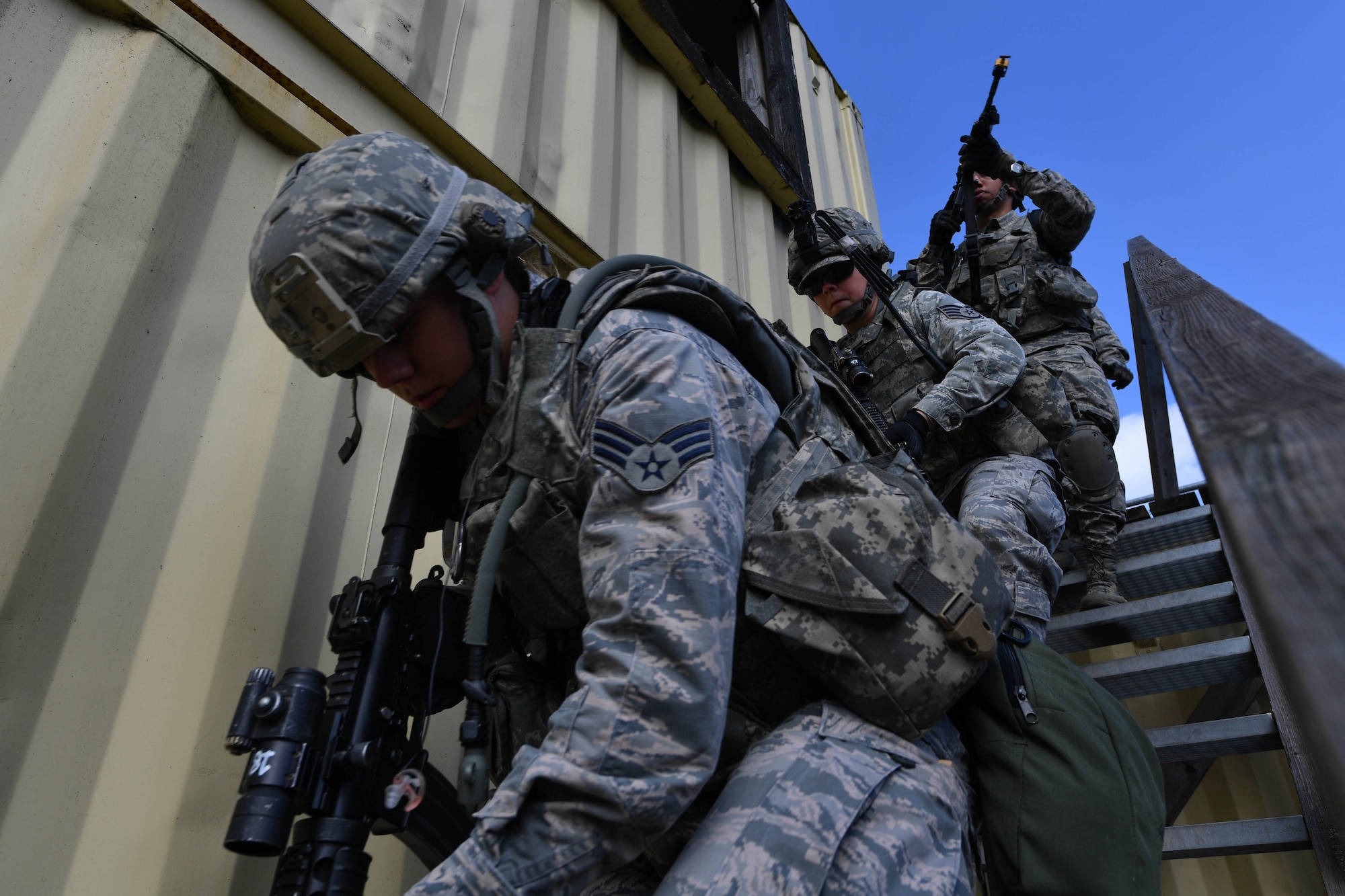 Senior Airman Rachel Newell, 569th U.S. Forces Police Squadron patrolman, leads other students of the 435th Security Forces Squadron’s Ground Combat Readiness Training Center’s Security Operations Course back to their base during the urban operations portion of the course on U.S. Army Garrison Baumholder, Germany, April 4, 2017. Airmen assigned to the 86th SFS, 422nd SFS, 100th SFS, and 569th USFPS participated in the course. (U.S. Air Force photo by Senior Airman Tryphena Mayhugh)