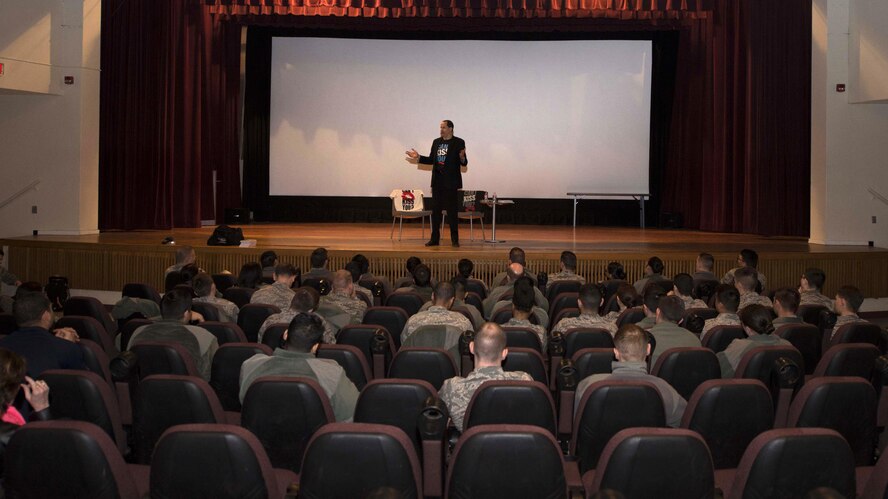 Mike Domitrz, Date Safe Project’s president and founder, speaks with Airmen about sexual assault awareness and prevention techniques at Minot Air Force Base, N.D., Mar. 28, 2017. Date Safe Project’s goal is to create a better understanding of relationships and sexual intimacy for all ages. (U.S. Air Force photo/Airman 1st Class Austin M. Thomas)