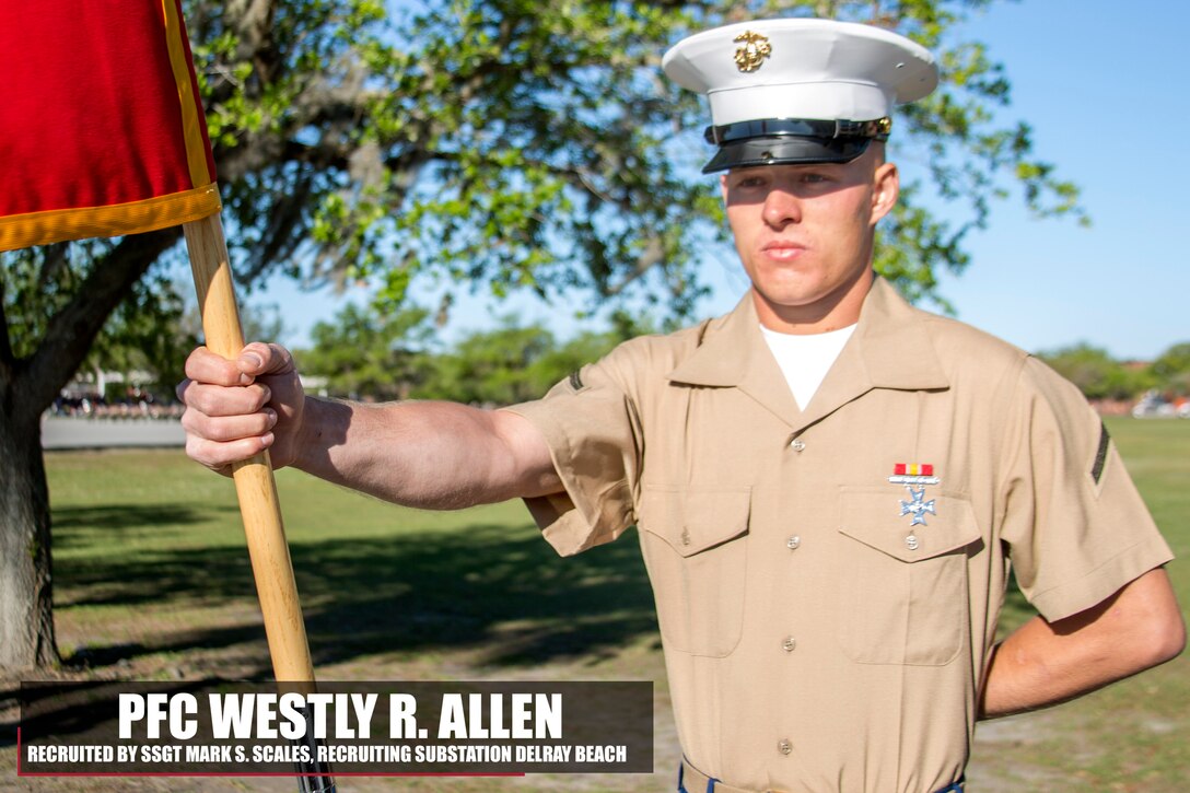 Private First Class Westly R. Allen graduated Marine Corps recruit training Apr. 7, 2017, aboard Marine Corps Recruit Depot Parris Island, South Carolina. Allen is the Honor Graduate of platoon 1020. Allen was recruited by Staff Sgt. Mark S. Scales from Recruiting Substation Delray Beach. (U.S. Marine Corps photo by Lance Cpl. Jack A. E. Rigsby/Released)