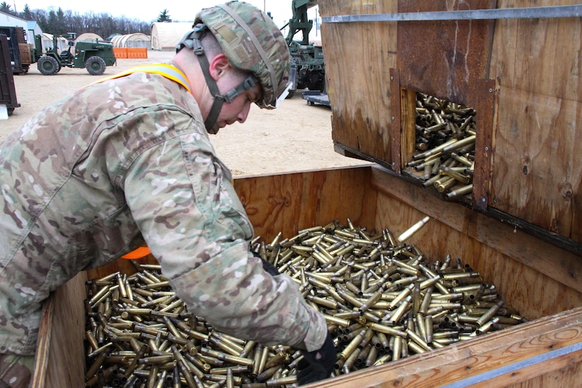 U.S. Army Reserve Spc. Josh Kohon, motor transport operator, levels out spent ammunition to prepare the container for turn in to the Ammunition Supply Point during Operation Cold Steel at Fort McCoy, Wis., March 30, 2017. Operation Cold Steel is the U.S. Army Reserve's crew-served weapons qualification and validation exercise to ensure that America's Army Reserve units and Soldiers are trained and ready to deploy on short-notice and bring combat-ready and lethal firepower in support of the Army and our joint partners anywhere in the world. (U.S. Army Reserve photo by Staff Sgt. Debralee Best, 84th Training Command)