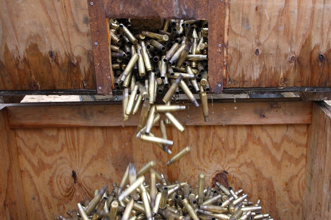 Spent ammunition is combined for turn in at the Ammunition Transfer Handling Point during Operation Cold Steel at Fort McCoy, Wis., March 30, 2017. Operation Cold Steel is the U.S. Army Reserve's crew-served weapons qualification and validation exercise to ensure that America's Army Reserve units and Soldiers are trained and ready to deploy on short-notice and bring combat-ready and lethal firepower in support of the Army and our joint partners anywhere in the world. (U.S. Army Reserve photo by Staff Sgt. Debralee Best, 84th Training Command)