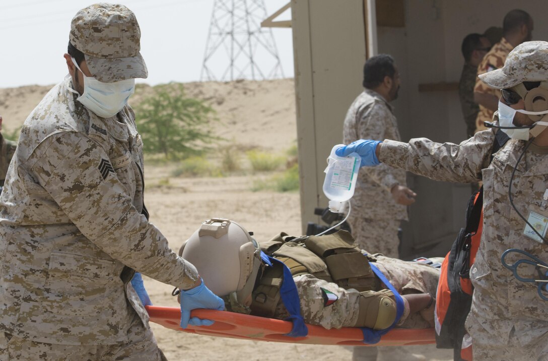 Kuwait- A large crowd of foreign and U.S. dignitaries view teams from their combined special forces- Qatar, Kuwait, Saudi Arabia and the United States, during an explosive training mission  proving the successful interoperability of both land, air and emergency responder assets as well as highlighting the vast skills of the varied partner nations part of Operation Eagle Resolve, April 2. 
(Photo by Army Sgt. 1st Class Suzanne Ringle/Released)