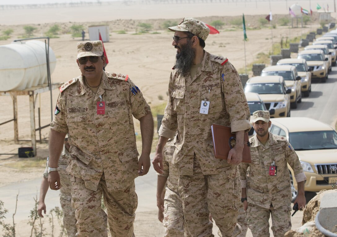 Kuwait- A large crowd of foreign and U.S. dignitaries meet to view teams from their combined special forces- Qatar, Kuwait, Saudi Arabia and the United States, during an explosive training mission  proving the successful interoperability of both land and air assets as well as highlighting the vast skills of the varied partner nations part of Operation Eagle Resolve, April 2. 
(Photo by Army Sgt. 1st Class Suzanne Ringle/Released)