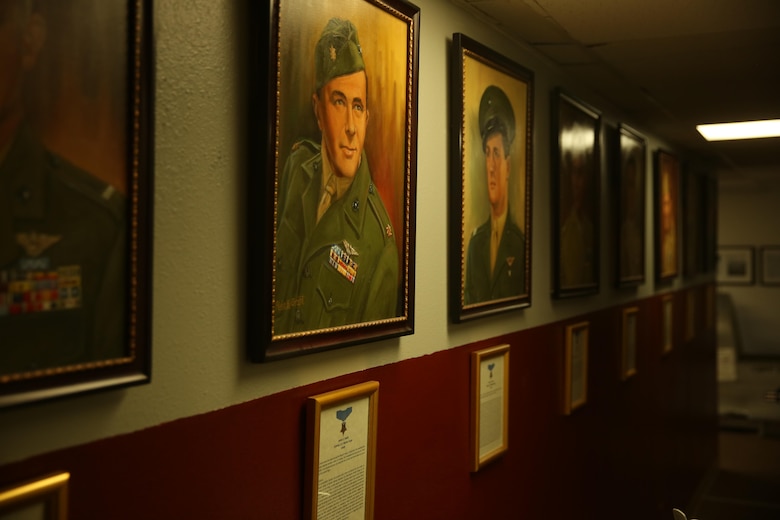 The Flying Leatherneck Aviation Museum displays several portraits, including this painting of World War II Marine Corps fighter pilot Col. James E. Swett, a Medal of Honor recipient. The Flying Leatherneck is the only Marine Corps Aviation Museum and was founded April 1, 1999. (U.S. Marine Corps photo by Sgt. David Bickel/Released)