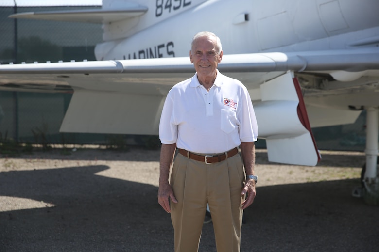 Retired Maj. Gen. Bobby Butcher stands beside a Douglas A-4C Skyhawk at The Flying Leatherneck Aviation Museum just outside Marine Corps Air Station Miramar, Calif., April 6. Butcher flew the Skyhawk towards the end of his tour as a Vietnam pilot. (U.S. Marine Corps photo by Sgt. David Bickel/Released)