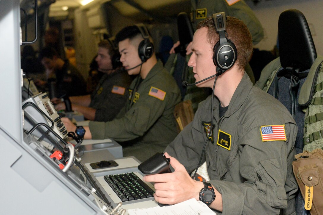 NAS JACKSONVILLE, Fla. (Apr. 6, 2017) - Aircrewmen assigned to Patrol Squadron (VP) 8 perform pre-flight procedures aboard a Boeing P-8A Poseidon maritime aircraft in preparation to support search and rescue efforts for the missing Republic of Korea cargo ship crew in the FOURTH Fleet Area of Operations. (U.S. Navy photo by Mass Communication Specialist 2nd Class Clay Whaley/RELEASED)