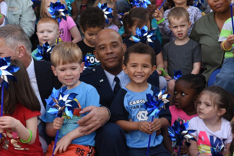 Col. Erik Jenkins, 916th Air Refueling Wing commander, represents Seymour Johnson Air Force Base at a Child Abuse Prevention Month Proclamation Ceremony, April 4, 2017, at Goldsboro City Hall, North Carolina. Children from Seymour Johnson and the local community showed their support by reading poems and singing songs during the ceremony. (U.S. Air Force photo by Airman 1st Class Victoria Boyton)