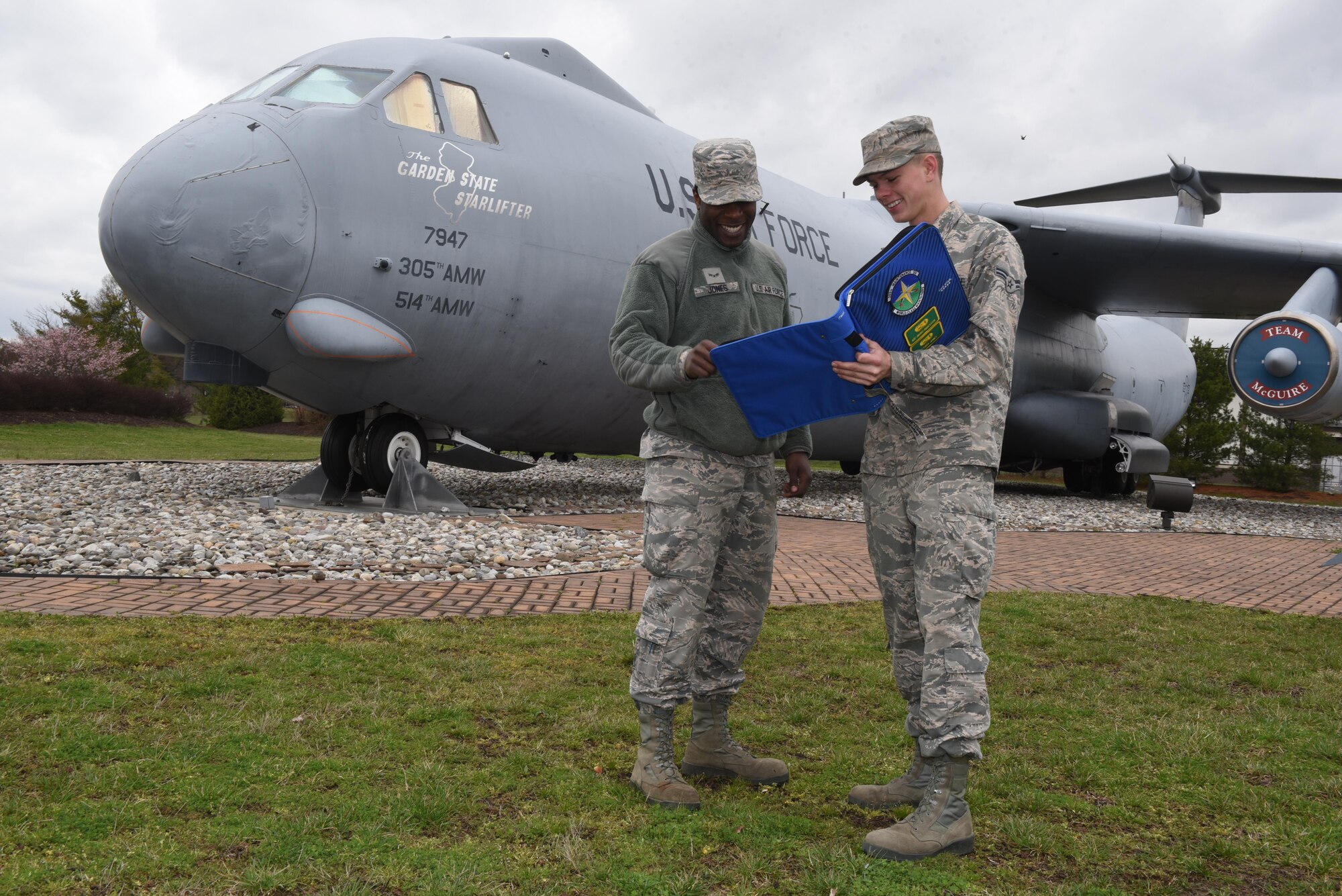 Airmen 1st Class Ezell Jones and Airman 1st Class Jared Faircloth, 305th Maintenance Squadron crew chiefs, maintain The Garden State Airlifter, a C-141 Starlifter at Joint Base McGuire-Dix-Lakehurst, New Jersey, April 7, 2017. The Guardians of History airmen perform weekly inspections on the aircraft to ensure proper maintenance of our static displays.