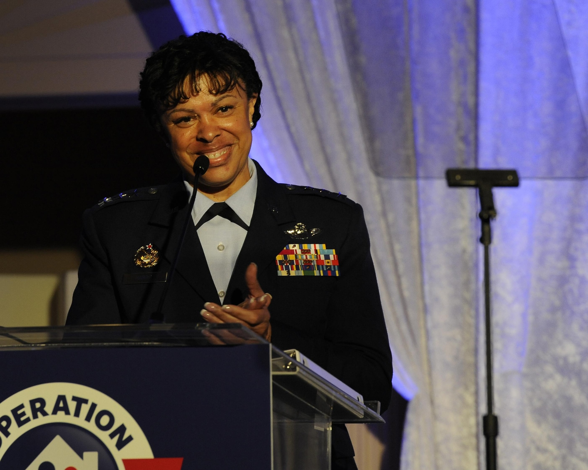 Air Force Assistant Vice Chief of Staff Lt. Gen. Stayce Harris speaks at the Military Child of the Year Award gala in Pentagon City, Va., April 6, 2017. The annual event celebrates military children who demonstrate leadership, resilience and strength of character, as well as an ability to thrive when dealing with the challenges inherent in military family life. (U.S. Air Force photo/Staff Sgt. Jannelle McRae)