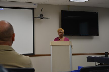 Ms. Brenda Jackson speaks to the audience at Southeast Regional Maintenance Center (SERMC) during the Women’s History Month celebration March 31. Ms. Jackson is a Jacksonville native and New York Times and USA Today bestselling author. Jackson’s message to the audience was “believe in yourself and follow your dreams.”