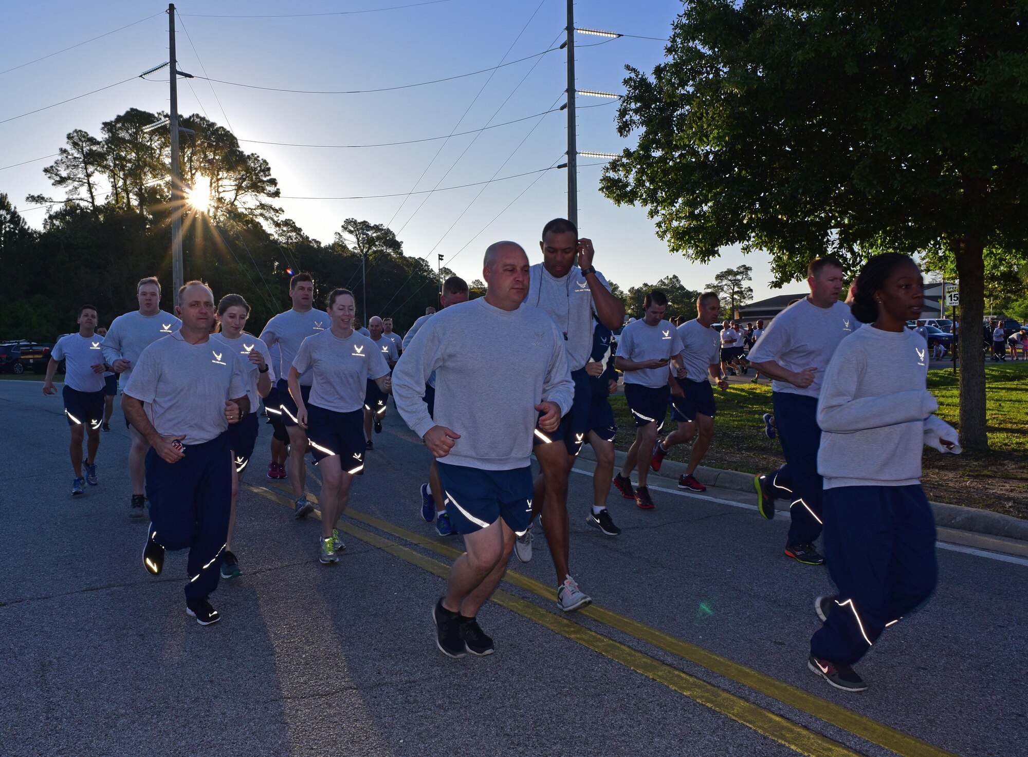 Air Commandos assigned to Headquarters Air Force Special Operations Command run together at Hurlburt Field, Fla., April 7, 2017. The group meets once a month to run a 5K. (U.S. Air Force photo/Staff Sgt. Melanie Holochwost)