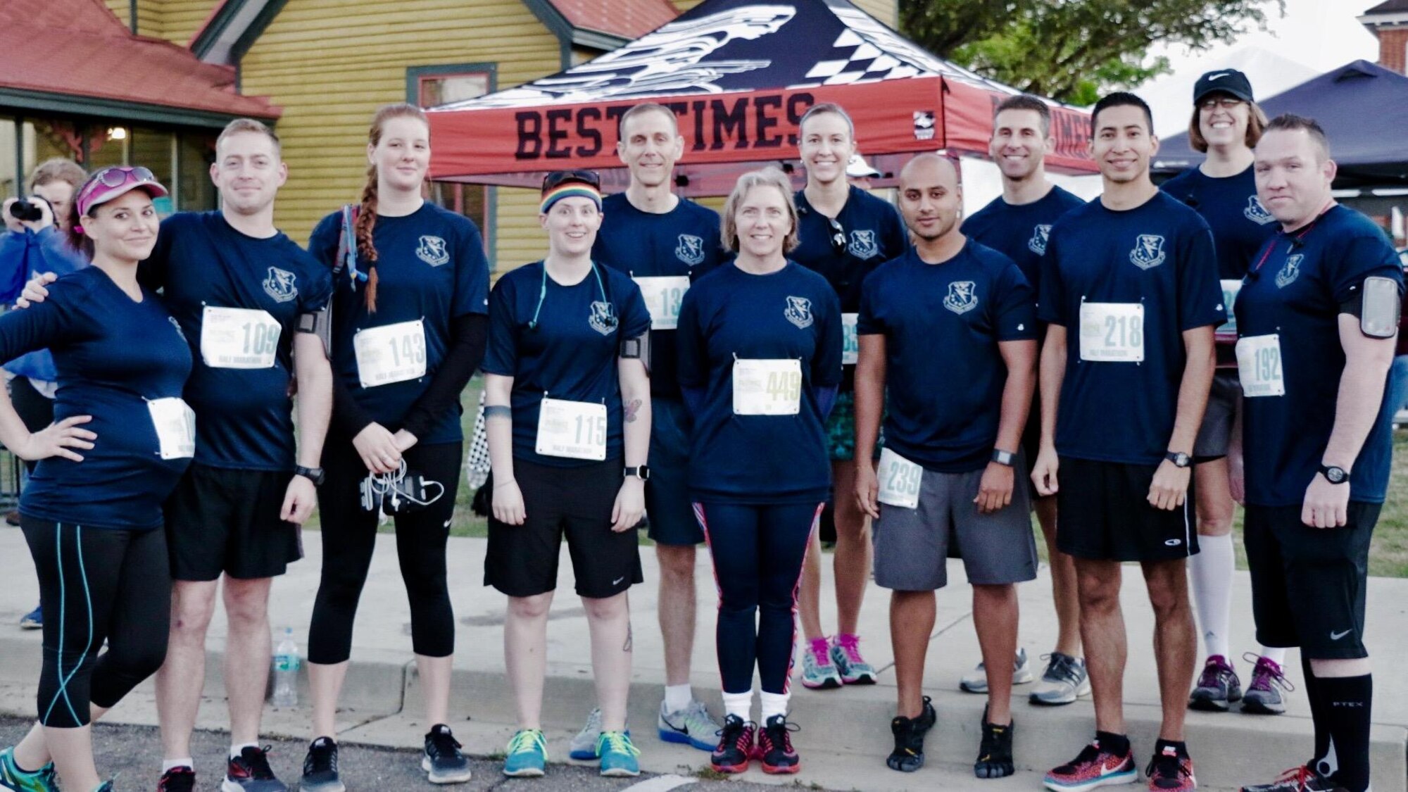 Members of the 14th Medical Group pose for a photo after participating in the Spring Pilgrimage Kickoff 5K and Half Marathon April 1, 2017 in Columbus, Mississippi. Eleven of the 12 14th MDG participants ran the half marathon. 
