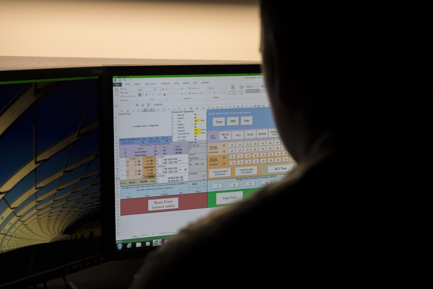 U.S. Air Force Tech. Sgt. Nicholas Hubbard, a 354th Medical Operations Squadron optometry technician, works on a computer April 3, 2017, at Eielson Air Force Base, Alaska. Hubbard’s favorite part of his job is humanitarian missions; he’s been on four since he joined the Air Force and enjoys helping those less fortunate. (U.S. Air Force photo by Airman Eric M. Fisher)
