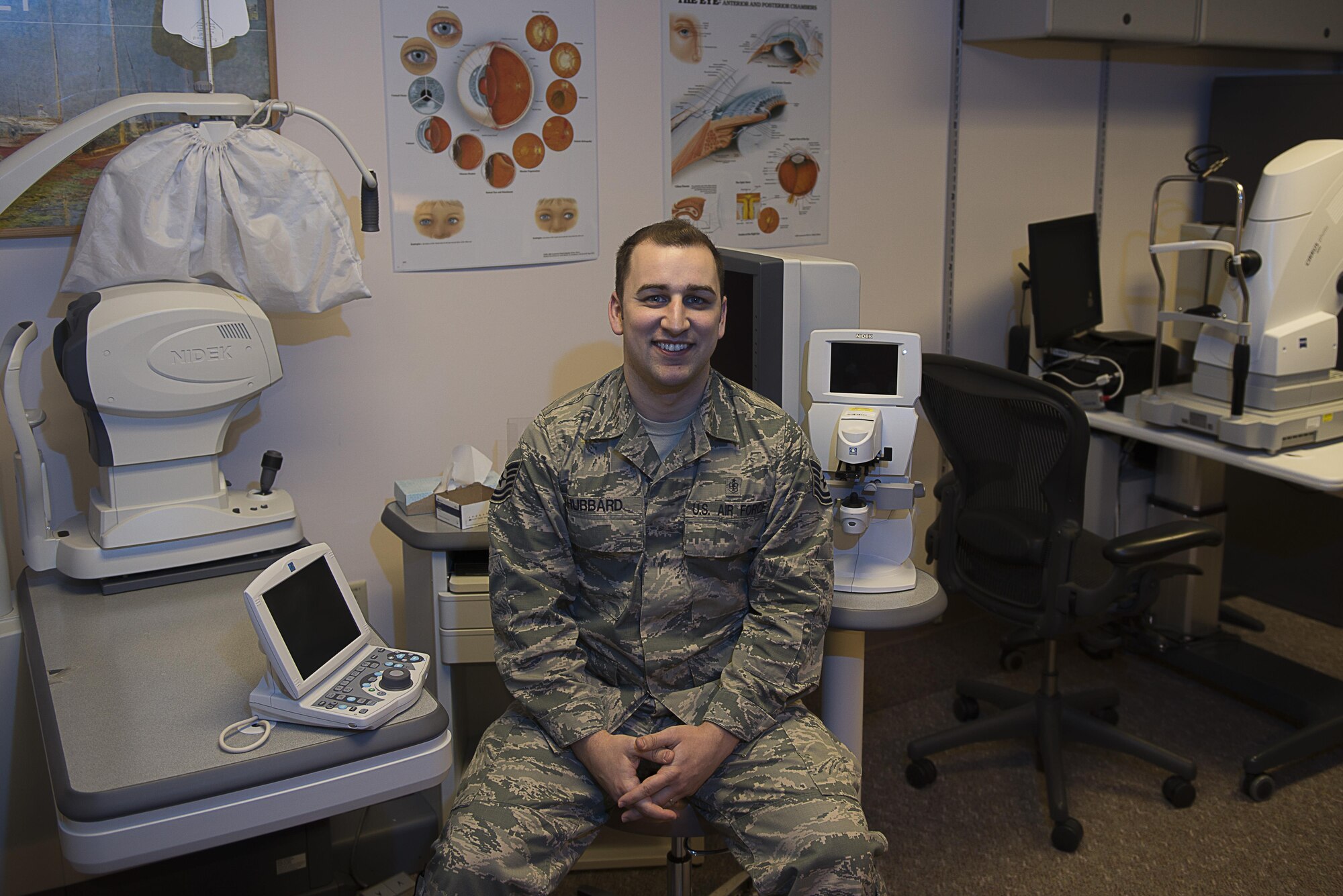 U.S. Air Force Tech. Sgt. Nicholas Hubbard, a 354th Medical Operations Squadron optometry technician, poses for a photo April 5, 2017, at Eielson Air Force Base, Alaska. Hubbard served in the Air Force for 11 years as an optometry technician. (U.S. Air Force photo by Airman Eric M. Fisher)