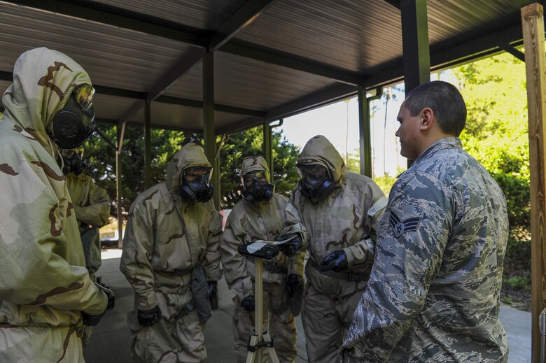 Senior Airman John Rolofson III, an emergency management journeyman with the 1st Special Operations Civil Engineer Squadron, briefs Air Commandos on how to detect liquid contamination on M8 paper on a liquid detection point during a chemical, biological, radiological and nuclear survival skills at Hurlburt Field, Fla., April 4 2017. Hands-on training teaches Air Commandos how to run a PAR Route, or Post Attack Reconnaissance, set up a zone transition point and LDPs. (U.S. Air Force photo by Airman 1st Class Isaac O. Guest IV)