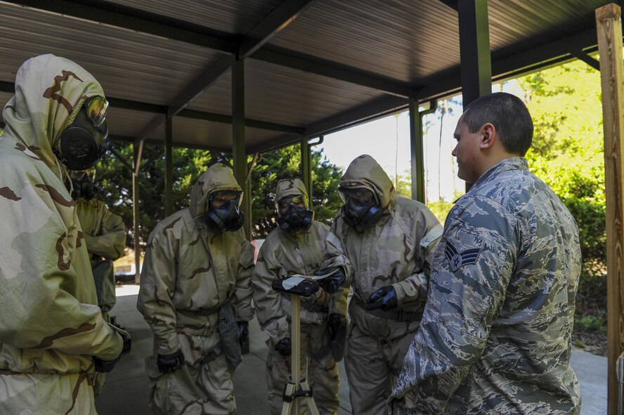 Senior Airman John Rolofson III, an emergency management journeyman with the 1st Special Operations Civil Engineer Squadron, briefs Air Commandos on how to detect liquid contamination on M8 paper on a liquid detection point during a chemical, biological, radiological and nuclear survival skills at Hurlburt Field, Fla., April 4 2017. Hands-on training teaches Air Commandos how to run a PAR Route, or Post Attack Reconnaissance, set up a zone transition point and LDPs. (U.S. Air Force photo by Airman 1st Class Isaac O. Guest IV)