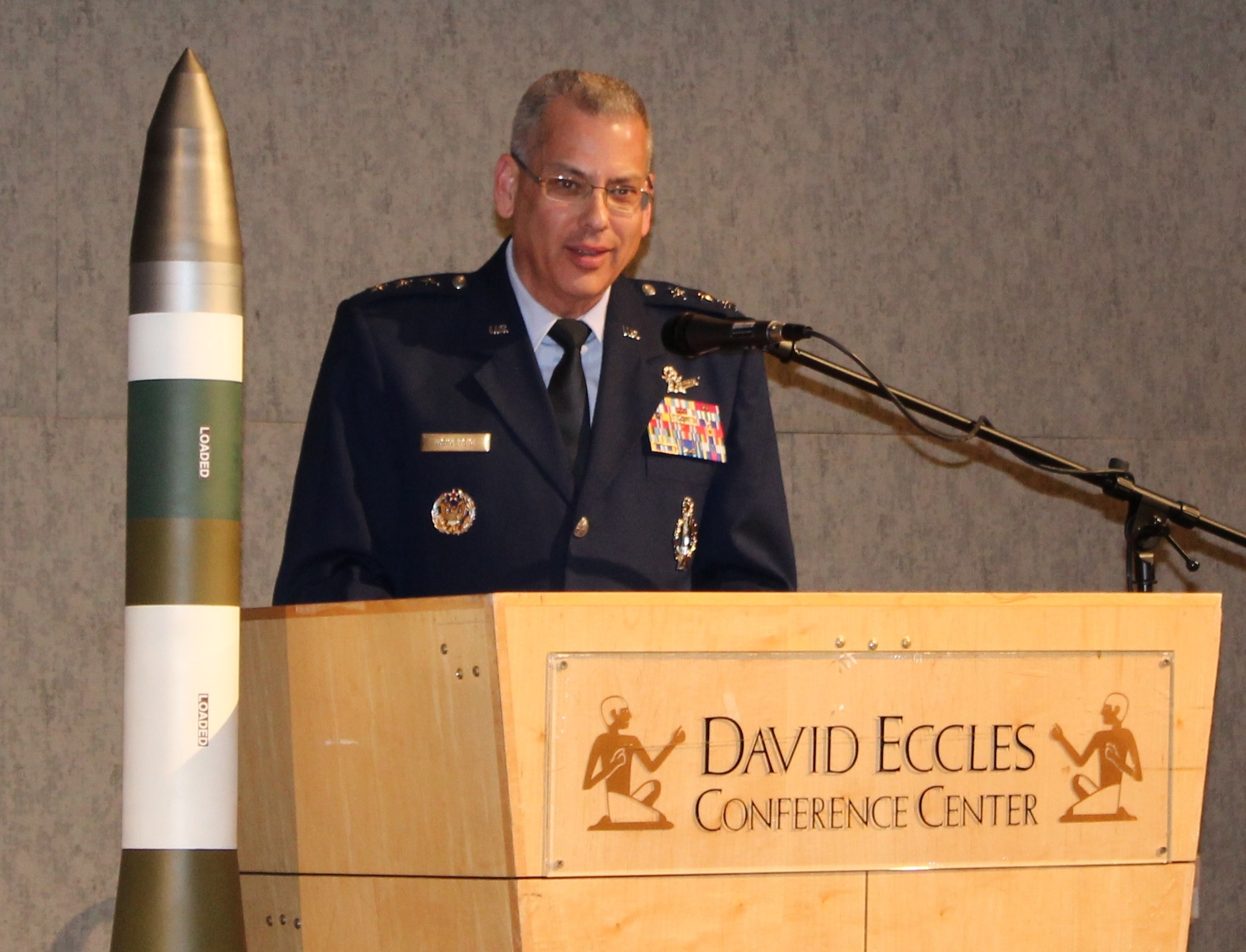 Lt. Gen. Jack Weinstein, deputy chief of staff for Strategic Deterrence and Nuclear Integration, Headquarters Air Force, Washington, D.C., addresses the audience during the 28th annual Air Force Association Brent Scowcroft Awards banquet at the Eccles Conference Center in Ogden, Utah. Two directorates within the Space and Missile Systems Center, Global Positioning Systems Directorate, and the Remote Sensing Directorates’ Space Based Infrared Systems Team were recently honored with the AFA 2017 Brent Scowcroft Award for Space and Air Dominance Acquisition and Sustainment – Individual and Team awards, respectively. (Courtesy photo)