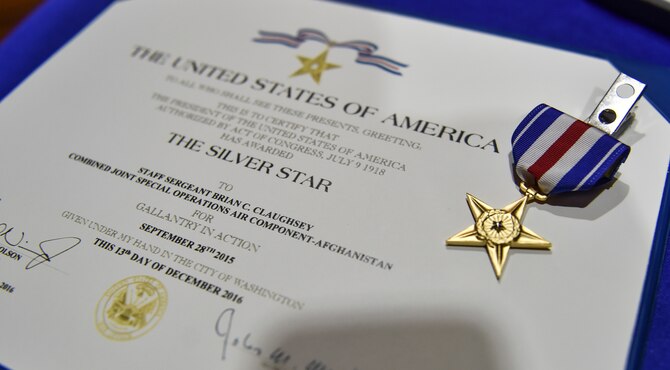 Tech. Sgt. Brian Claughsey, a combat controller with the 21st Special Tactics Squadron, received the Silver Star April 7, 2017, at Pope Army Airfield, N.C., for his role in liberating Kunduz City, Afghanistan, from Taliban control and ensuring the safety of a 150 joint-coalition team during a 96-hour firefight. (U.S. Air Force photo/ Senior Airman Ryan Conroy)