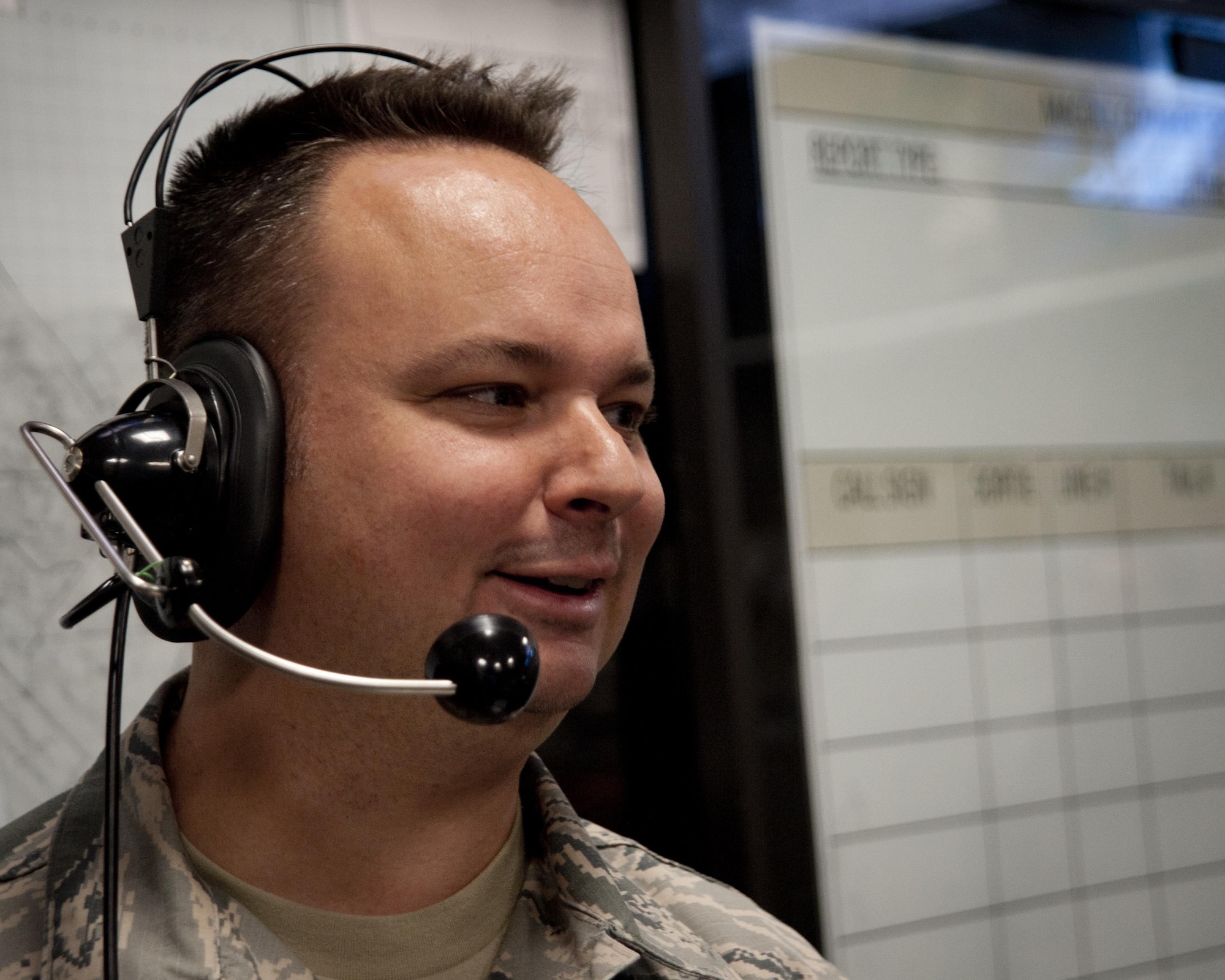 U.S. Air Force Master Sgt. Steven Cooley, NCO in charge of command post systems with the 927th Air Refueling Wing Command Post, tests a speaker system at MacDill Air Force Base, Fla., Feb. 16, 2017.  The command post’s ability to relay information to the installation and its leaders is critical in maintaining mission readiness at all times. (U.S. Air Force photo by Airman 1st Class Mariette Adams)