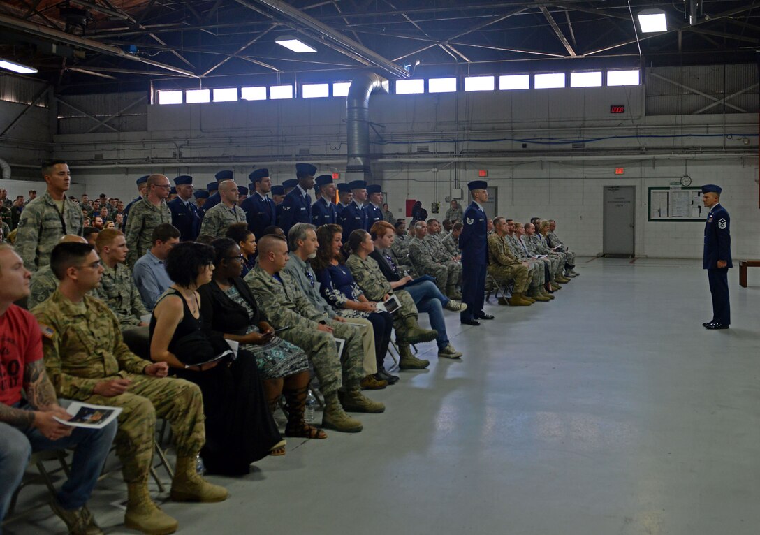 U.S. Airmen perform a last roll call during the memorial service for Staff Sgt. Austin Terrell, 20th Aircraft Maintenance Squadron armament technician, at Shaw Air Force Base, S.C., April 7, 2017. Terrell died March 25 after a vehicle collision. (U.S. Air Force photo by Airman 1st Class Destinee Sweeney)