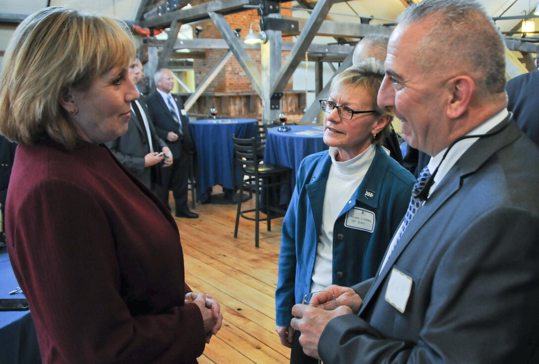 New Jersey Lt. Gov. Kim Guadagno, left, speaks with Dr. “Mikey” Kloster, chief of staff for the Army Reserve’s 99th Regional Support Command, center, and Mr. Richard Castelveter, Army Reserve ambassador coordinator for the 99th RSC, during the Ocean County Military Support Committee’s community support event for Joint Base McGuire-Dix-Lakehurst April 5 at the Laurita Winery in New Egypt, New Jersey. The Ocean County Military Support Committee consists of business leaders, community partners and local government officials who share a common goal to provide a broad spectrum of support to military neighbors and JBMDL.