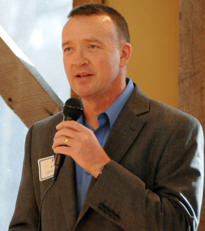 Air Force Col. Frederick D. Thaden, commander of Joint Base McGuire-Dix-Lakehurst, delivers remarks during the Ocean County Military Support Committee’s community support event for Joint Base McGuire-Dix-Lakehurst April 5 at the Laurita Winery in New Egypt, New Jersey. The Ocean County Military Support Committee consists of business leaders, community partners and local government officials who share a common goal to provide a broad spectrum of support to military neighbors and JBMDL.