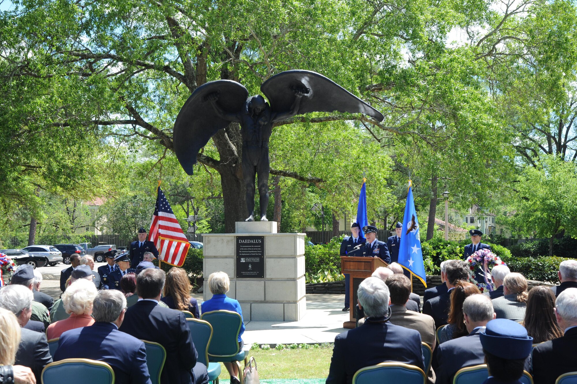 A host of dignitaries were on Maxwell Air Force Base for the Air Power Symposium, including Air Force Chief of Staff General David Goldfein. Here General Goldfein speaks at a brief ceremony held in front of the Maxwell Club to dedicate a Daedalus statue in commemoration of the 100th anniversary of the United State's entry into World War I and the birth of air power. Rod Fraiser, a local civic leader commissioned the sculpture and donated it to the Air Force.(U.S. Air Force photo by Lt. Col. Jerry Lobb)