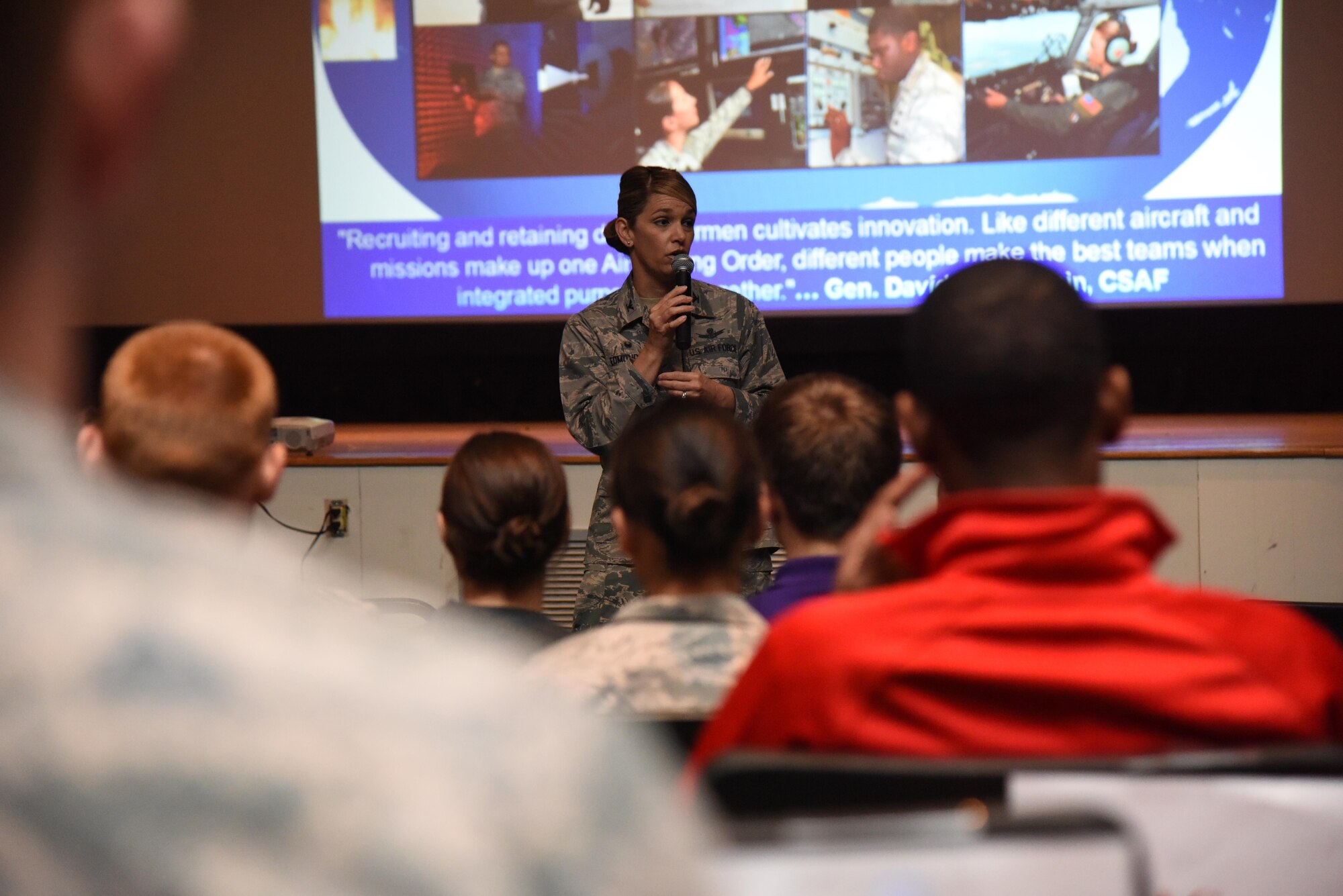 Col. Michele Edmondson, 81st Training Wing commander, welcomes Air Force ROTC cadets here during Pathways to Blue at the Welch Theater April 7, 2017, on Keesler Air Force Base, Miss. Pathways to Blue, a diversity outreach event hosted by 2nd Air Force, provided 178 cadets from seven detachments a chance to interact with officers from 36 different specialties from across the Air Force. (U.S. Air Force photo by Kemberly Groue)