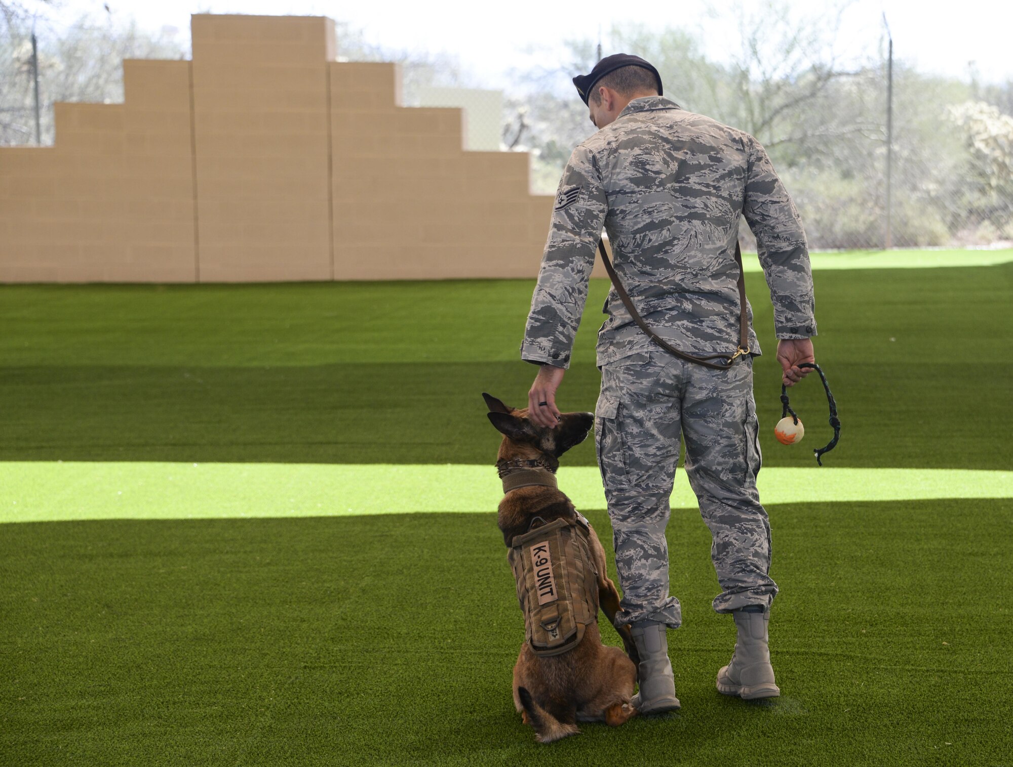U.S. Air Force Staff Sgt. Carlos Orantes, 355th Security Forces Squadron military working dog trainer, conducts proficiency training with Ootter, 355th SFS MWD, at Davis-Monthan Air Force Base, Ariz., March 16, 2017. The 355th SFS received a new training facility that has provided an increase in the MWD handlers' ability to conduct required training at a consistent tempo. (U.S. Air Force photo by Airman 1st Class Giovanni Sims)