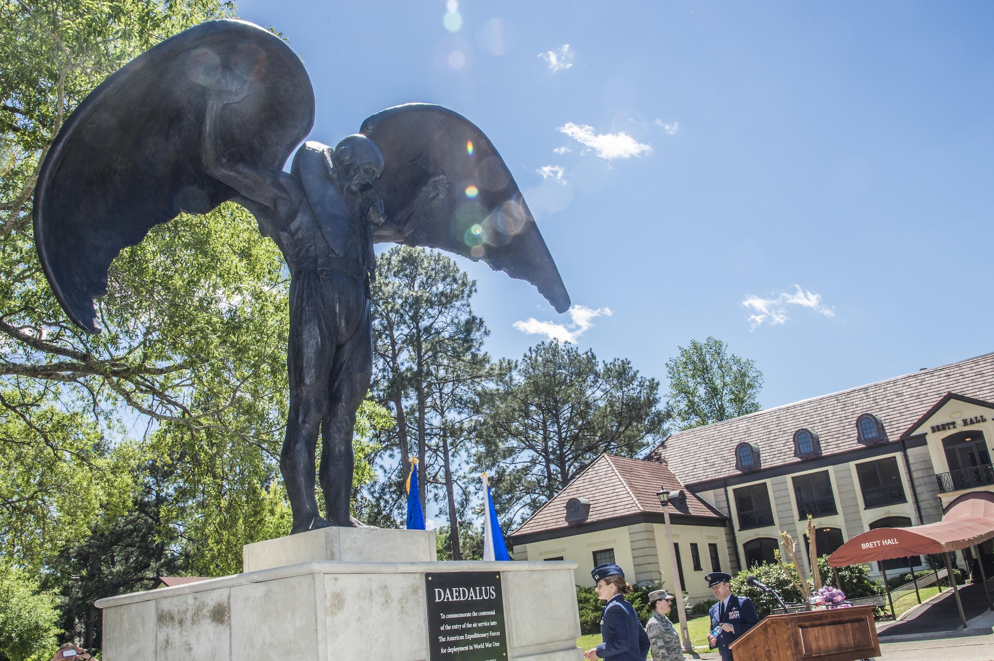 The Daedalus statue overlooks the Maxwell Club courtyard, Thursday, April 6, 2017, Maxwell Air Force Base, Ala. The statue is of the Daedalus of Greek mythology who was the first man given wings by the gods, its first tie to aviation, it is also the name chosen for the fraternal order of WWI military pilots established here, the Order of the Daedalians. (U.S. Air Force photo/ Senior Airman Alexa Culbert)