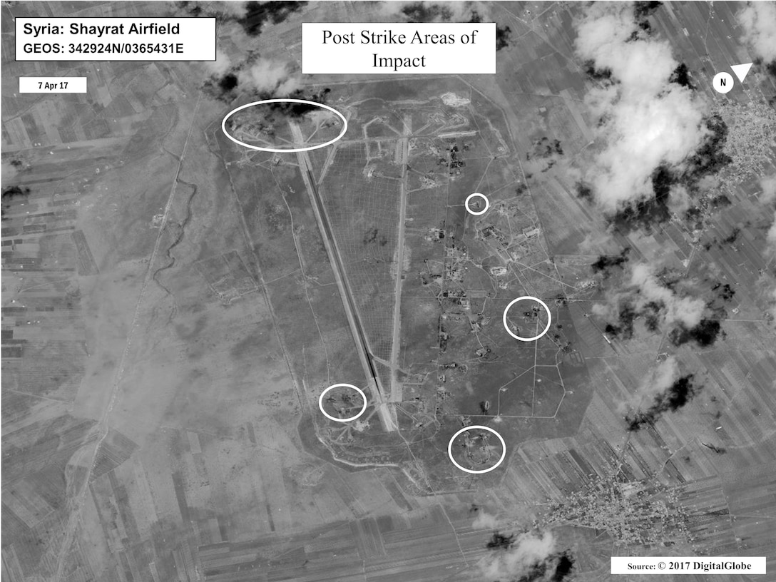 A battle damage assessment image of Shayrat Airfield, Syria, following U.S. missile strikes delivered by the USS Ross and USS Porter Arleigh Burke-class guided-missile destroyers, April 6, 2017. The U.S. fired 59 Tomahawk missiles into Syria in retaliation for Syrian President Bashar Assad regime’s use of nerve agents to attack his own people. Courtesy photo