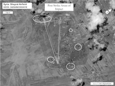 A battle damage assessment image of Shayrat Airfield, Syria, following U.S. missile strikes delivered by the USS Ross and USS Porter Arleigh Burke-class guided-missile destroyers, April 6, 2017. The U.S. fired 59 Tomahawk missiles into Syria in retaliation for Syrian President Bashar Assad regime’s use of nerve agents to attack his own people. Courtesy photo