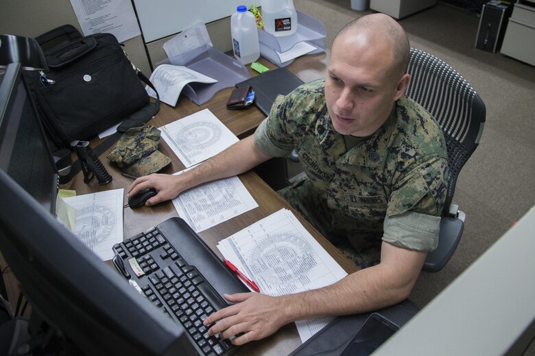 U. S. Marine Corps Staff Sgt. Richard Cichowski, systems analyst, performs an audit on the finances of every Marine Corps office to ensure that all systems are up to date at the Disbursing Office on Camp Pendleton, Calif., April 4, 2017. (U.S. Marine Corps photo by Lance Cpl. Betzabeth Y. Galvan)