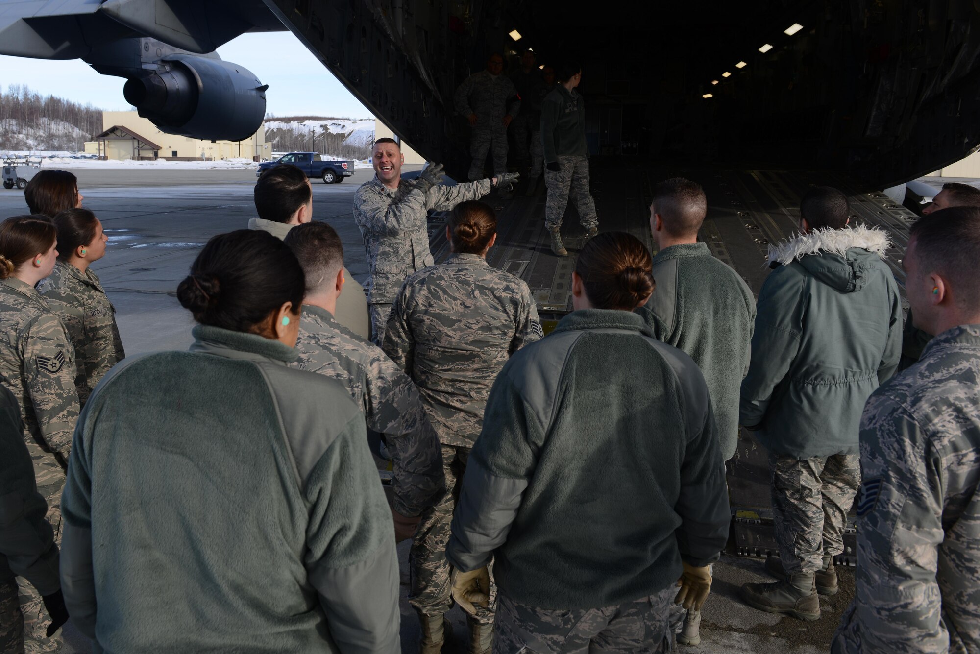 U.S. Air Force Maj. Steven Shea, 673d Medical Group, speaks to all the players and leads the EnRoute Patient Staging System exercise at Joint Base Elmendorf-Richardson, Alaska, April 3, 2017. The ERPSS provides patient reception, limited emergent intervention, and ensures patients are medically and administratively prepared for flight in a safe and timely aeromedical evacuation. 