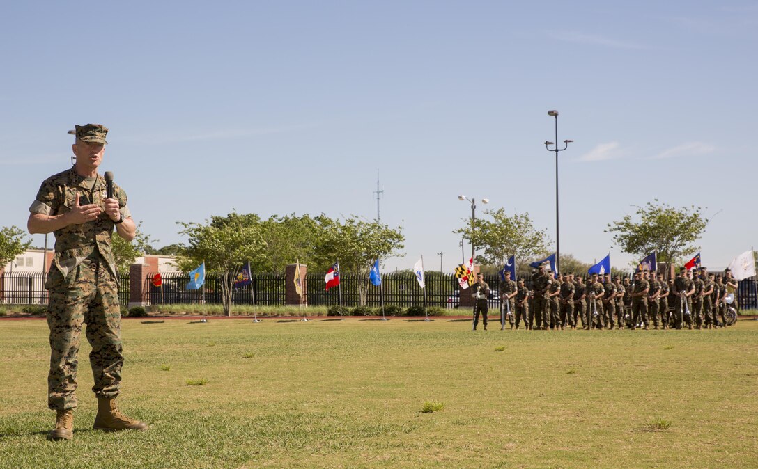 Maj. Gen. Burke W. Whitman, the incoming commanding general of 4th Marine Division, talks to guests at a change of command ceremony at Marine Corps Support Facility New Orleans, April 7, 2017. Whitman previously served as the director of Marine and Family Division, Manpower and Reserve Affairs, said he plans to make sure Marines get the right type of training to prepare them for their futures. (U.S. Marine Corps photo by Pfc. Niles Lee)
