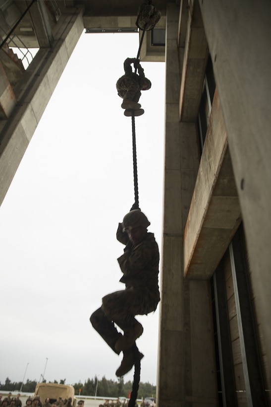 Marines with Fox Company, Battalion Landing Team, 2nd Battalion, 5th Marines fast rope during training at Camp Hansen, Okinawa, Japan, Feb. 23, 2017. BLT 2/5, from Marine Corps Base Camp Pendleton, California, is the Ground Combat Element for the 31st Marine Expeditionary Unit. As the Marine Corps’ only continuously forward deployed unit, the 31st MEU's air-ground-logistics team provides a flexible force, ready to perform a wide range of military operations, from limited combat to humanitarian assistance operations, throughout the Indo-Asia- Pacific region. (U.S. Marine Corps photo by Lance Cpl. Breanna L. Weisenberger/Released)