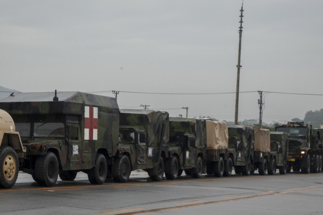 Vehicles belonging to the 31st Marine Expeditionary Unit sit staged and ready for embarkation aboard the USS Bonhomme Richard (LHD-6), at Camp Hansen, Okinawa, Japan, Mar. 1, 2017. The Marines and Sailors of the 31st MEU are making final preparations before embarking as a part of the BHR Amphibious Ready Group. As the Marine Corps' only continuously forward-deployed unit, the 31st MEU air-ground-logistics team provides a flexible force, ready to perform a wide range of military operations, from limited combat to humanitarian assistance operations, throughout the Indo-Asia Pacific region. (U.S. Marine Corps photo by Lance Cpl. Amy Phan)