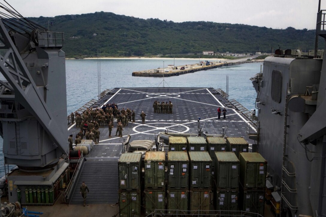 USS Ashland (LSD 48) departs with elements of the 31st Marine Expeditionary Unit from White Beach Naval Facility, Okinawa, Japan, March 8, 2017. The 31st MEU is currently aboard ships of the Bonhomme Richard Amphibious Ready Group as part of their regularly scheduled spring patrol. As the Marine Corps' only continuously forward-deployed unit, the 31st MEU air-ground-logistics team provides a flexible force, ready to perform a wide range of military operations, from limited combat to humanitarian assistance operations, throughout the Indo-Asia Pacific region. (U.S. Marine Corps photo by Cpl. Darien J. Bjorndal) 