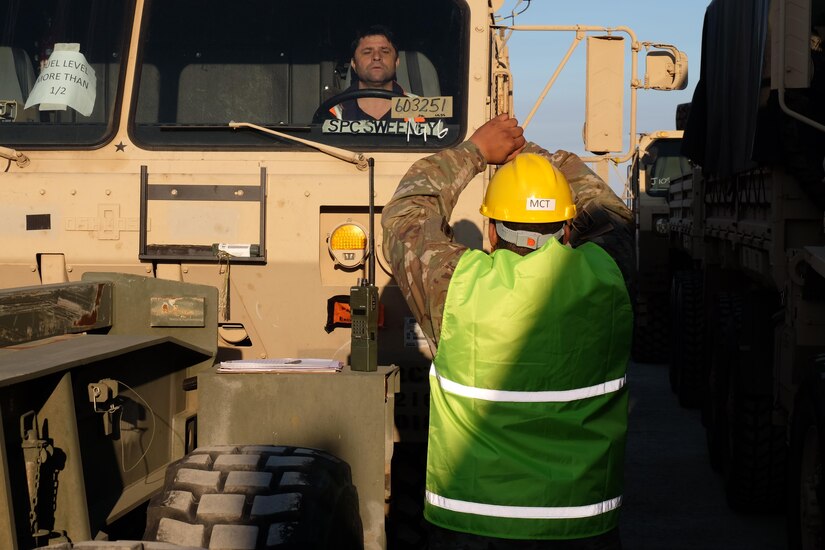 Right, the 7th Mission Support Command’s Spc. William Battle, a movement specialist with the 793rd Movement Control Team, conducts port disembarkation operations for military vehicles, equipment download and convoy staging with Soldiers from the 497th Combat Sustainment Support Battalion, the 39th Transportation Battalion (MC), 16th Sustainment Brigade, 21st Theater Sustainment Command, 1st Inland Cargo Company, 18th Combat Sustainment Support Battalion, 405th Army Field Support Brigade, 32nd Composite Truck Company and the 839th Transportation Battalion from the Surface Deployment and Distribution Command as part of Operation Atlantic Resolve March 31, 2017.  