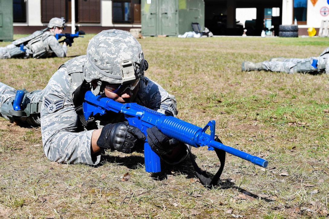 Senior Airman Shelumiel Jones practices a security posture during the tactical combat casualty care exercise at the Ground Combat Readiness Training Center’s Security Operations Course at Ramstein Air Base, Germany, March 30, 2017. Jones is assigned to the 569th U.S. Forces Police Squadron. The course provided pre-deployment training to airmen who will be going to the war zone. Air Force photo by Senior Airman Tryphena Mayhugh