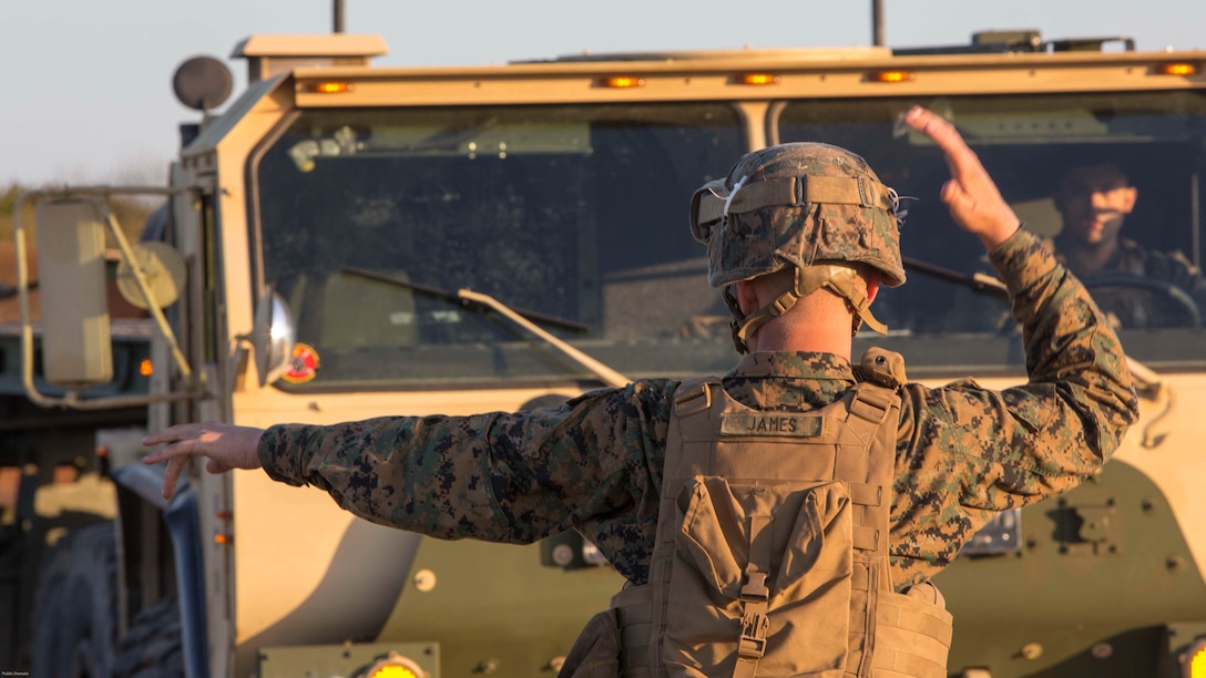 Lance Cpl. Matthew T. James stages a vehicle on Onslow Beach during a beach operations group exercise at Marine Corps Base Camp Lejeune, N.C., March 30, 2017. The amphibious operation was part of field exercise Bold Bronco 17, which helped the Marines hone their vehicle movement skills. James is a motor vehicle operator with 2nd Transportation Support Battalion, 2nd Marine Logistics Group. 