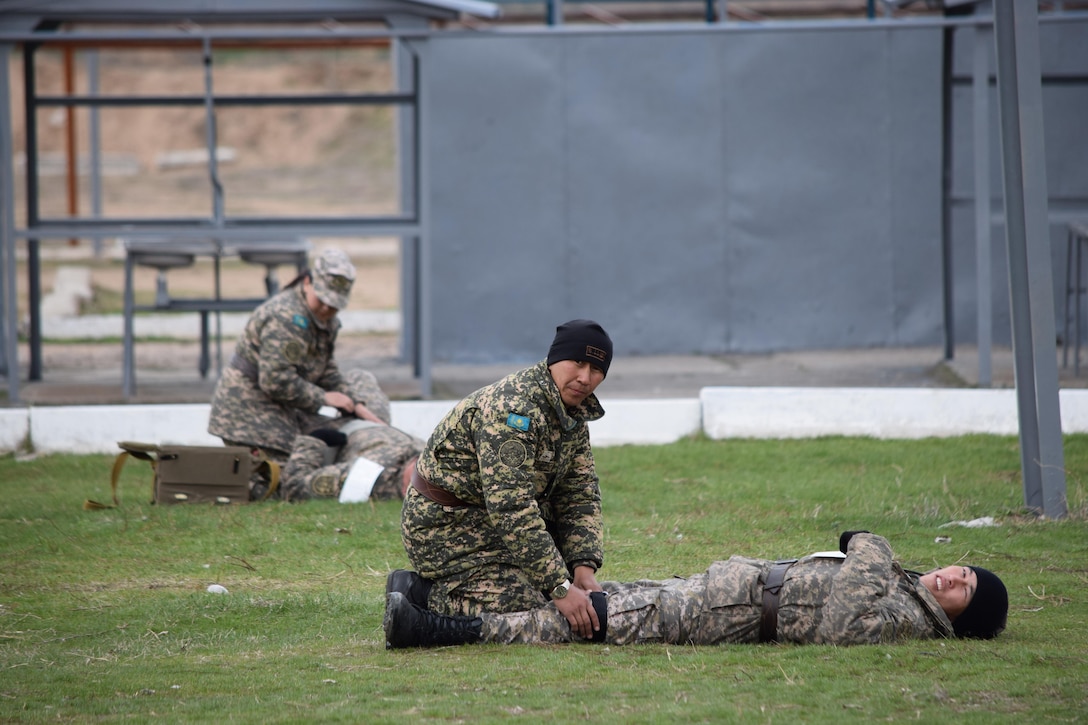 Kazakhstani soldiers practice reacting to a mass casualty incident Apr. 5, 2017, during Steppe Eagle Koktem at Illisky Training Center, Kazakhstan. Medical operations are one of the military-to-military engagements that occur during Koktem in preparation for Exercise Steppe Eagle in July.