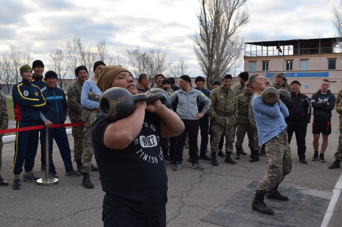 Sgt. 1st Class Javier Martinez, 6th Squadron, 9th Cavalry Regiment, represents the U.S. Army team during a team-building event and sports competition between the U.S., U.K. and Kazakhstan soldiers Apr. 4, 2017 at Illisky Training Center, Kazakhstan. The soldiers spend the days working together to build interoperability through Steppe Eagle Koktem, and the evenings enjoying sports competitions.
