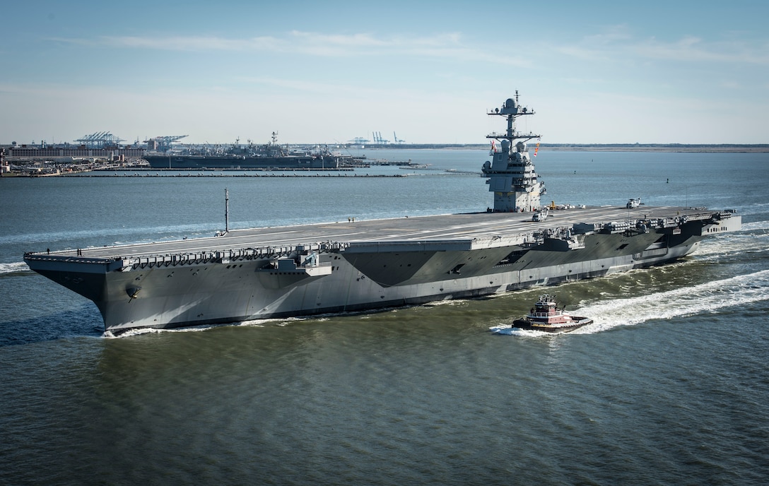 The future USS Gerald R. Ford aircraft carrier gets underway on its own power for the first time in Newport News, Va., April 8, 2017. The first-of-class ship -- the first new U.S. aircraft carrier design in 40 years -- will spend several days conducting builder's sea trials, a comprehensive test of many of the ship's key systems and technologies. Navy photo by Petty Officer 2nd Class Ridge Leoni