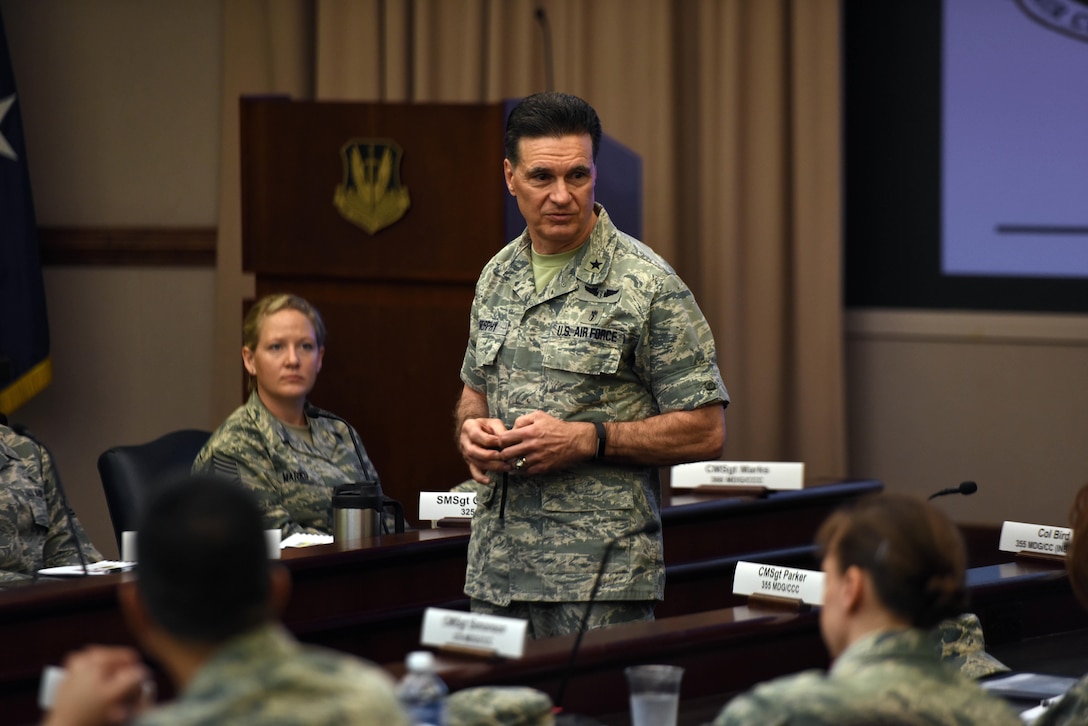 Photo of Brig. Gen. Sean Murphy, Command Surgeon for Air Combat Command, briefs military treatment facility leadership