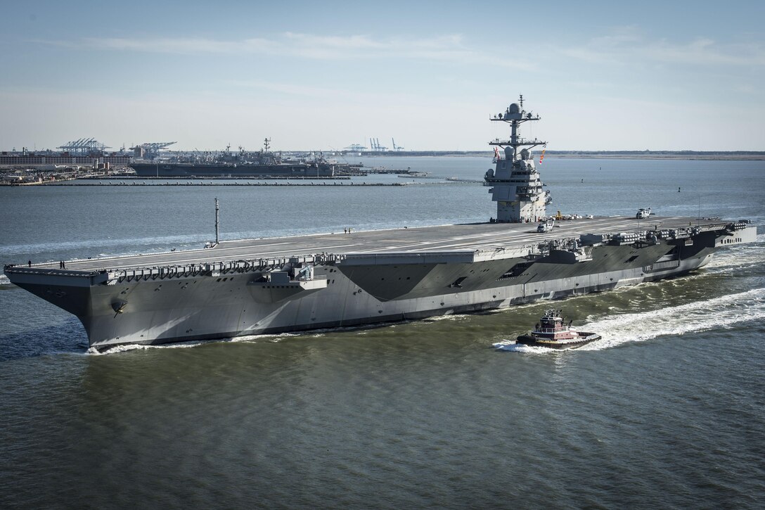 The future USS Gerald R. Ford aircraft carrier gets underway on its own power for the first time in Newport News, Va., April 8, 2017. The first-of-class ship -- the first new U.S. aircraft carrier design in 40 years -- will spend several days conducting builder's sea trials, a comprehensive test of many of the ship's key systems and technologies. Navy photo by Petty Officer 2nd Class Ridge Leoni
